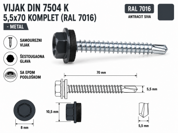 VIJAK DIN 7504 K 5,5x70 KOMPLET (RAL 7016)-METAL